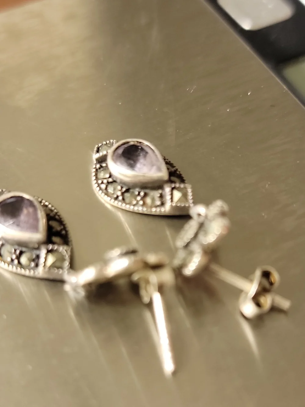 925 Sterling Silver Purple Amethyst Teardrop Dangle/Drop Earrings Bezel Signed